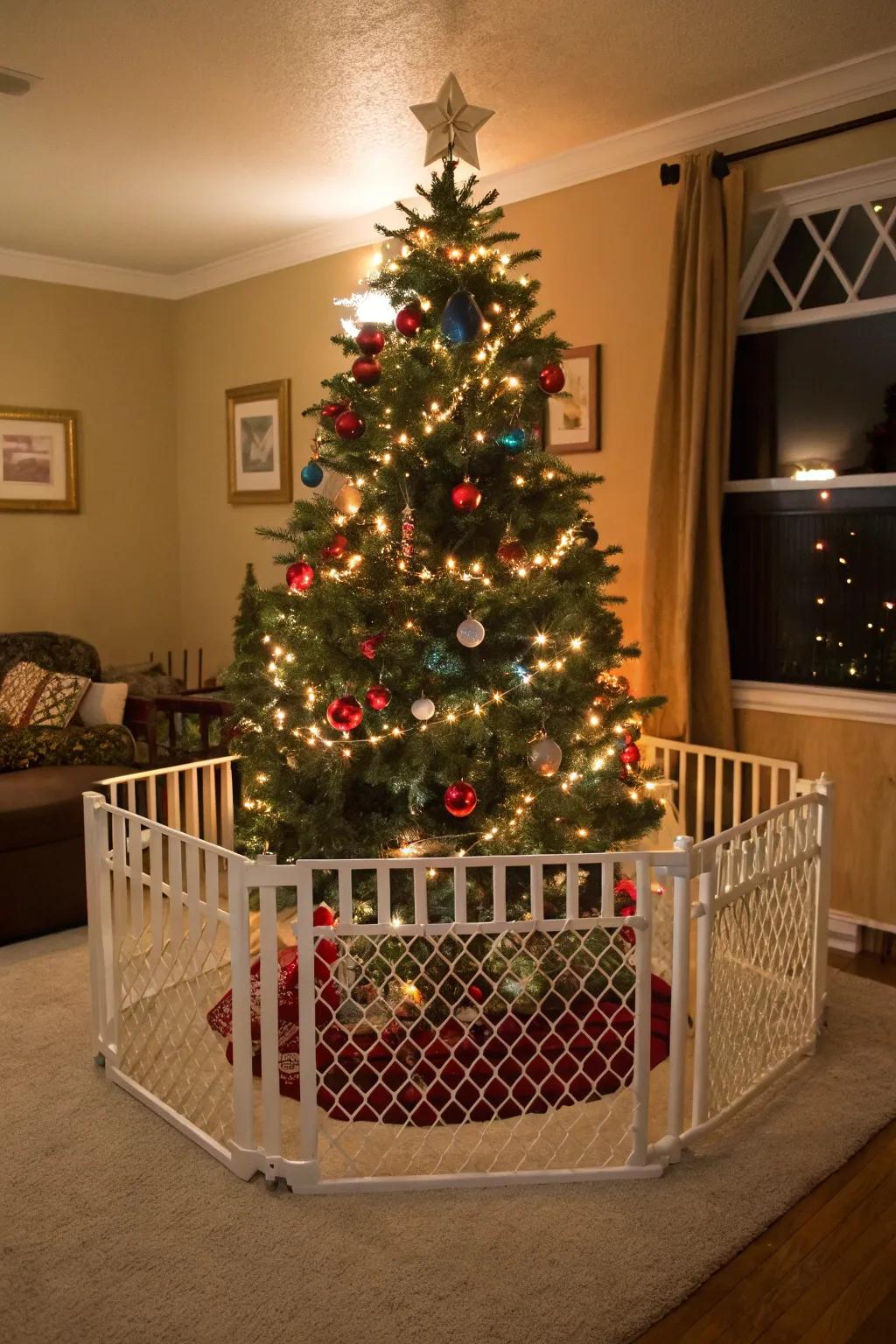 A barrier furnishes a secure boundary for toddlers around the tree.