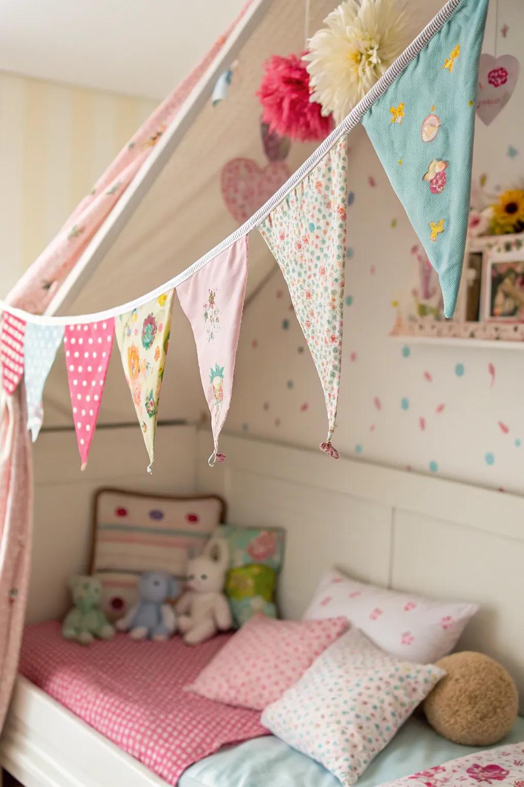 Cloth pennants bring a playful vibe to the space.
