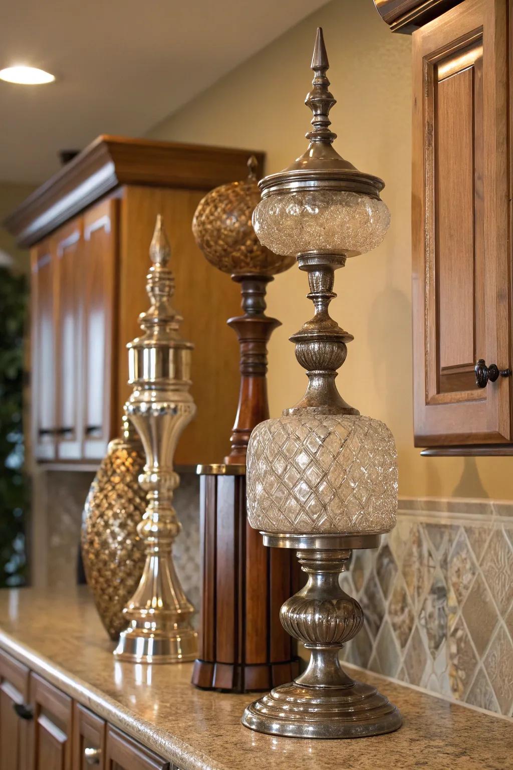 Layer different materials for a textured look atop your cabinets.