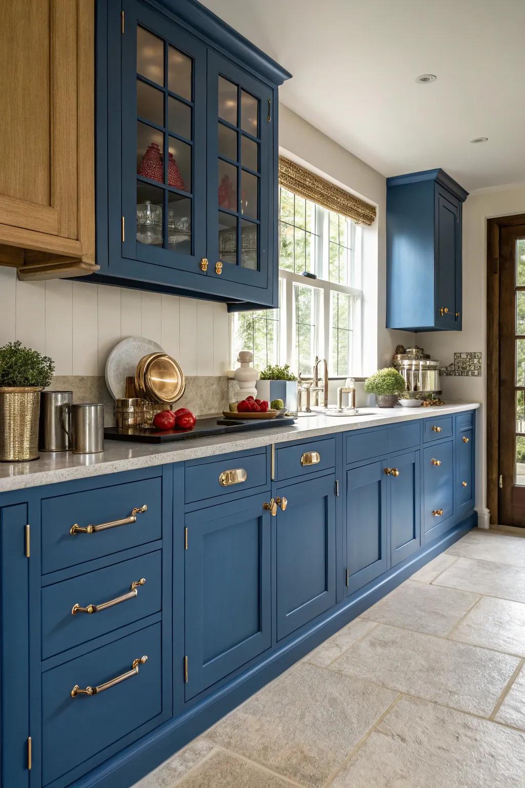Bold blue cabinetry introduces a powerful statement.