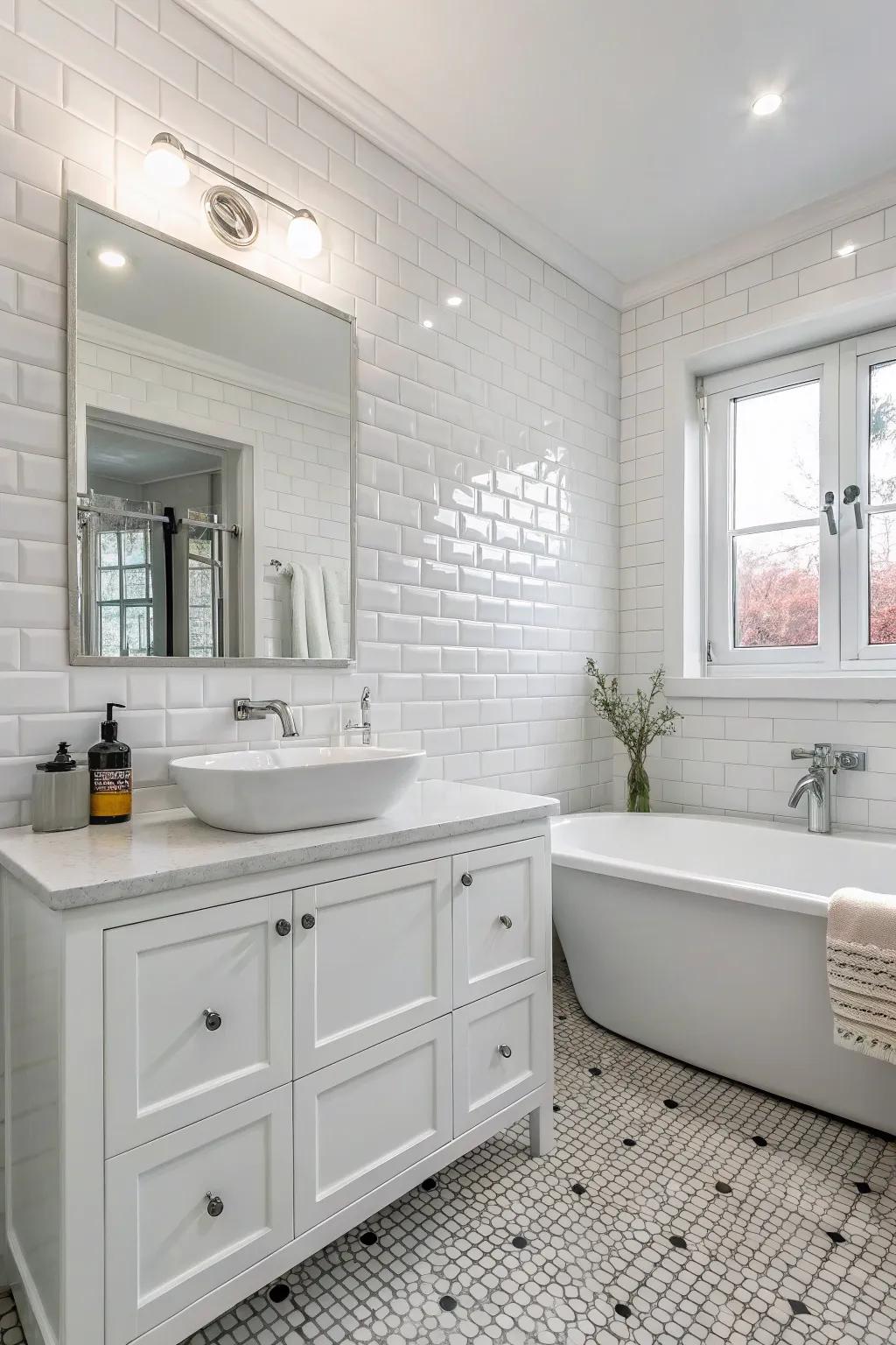 A white bathroom exhibiting various shades of white, building an elegant single-shade effect.