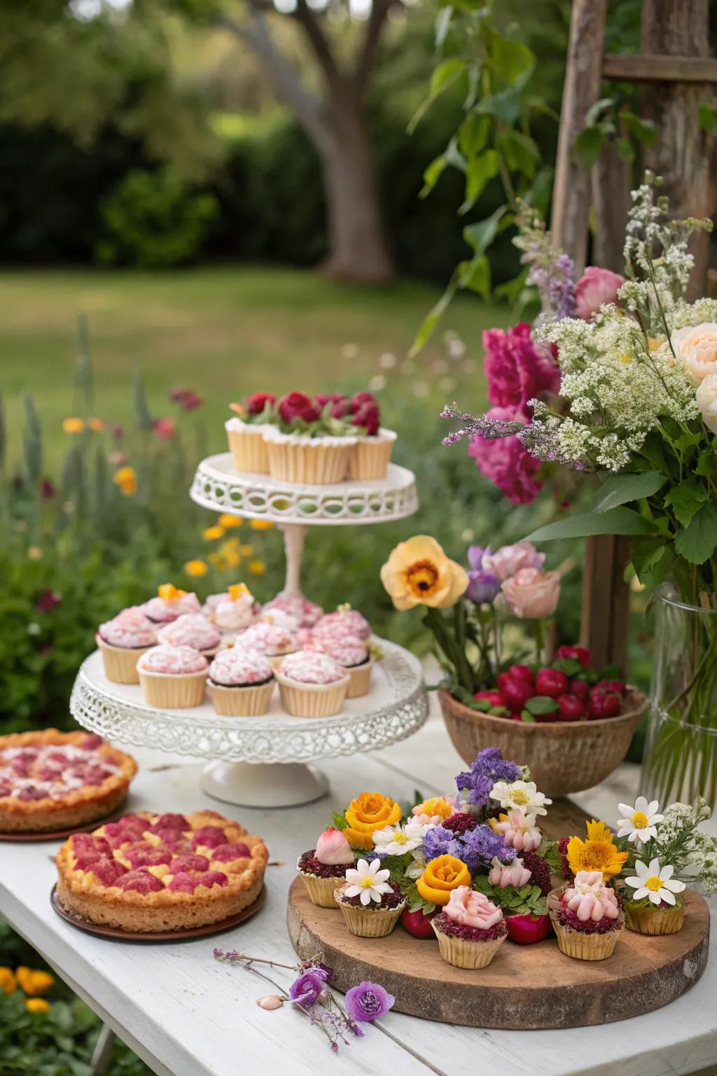 Treats adorned with edible flowers at a garden party.