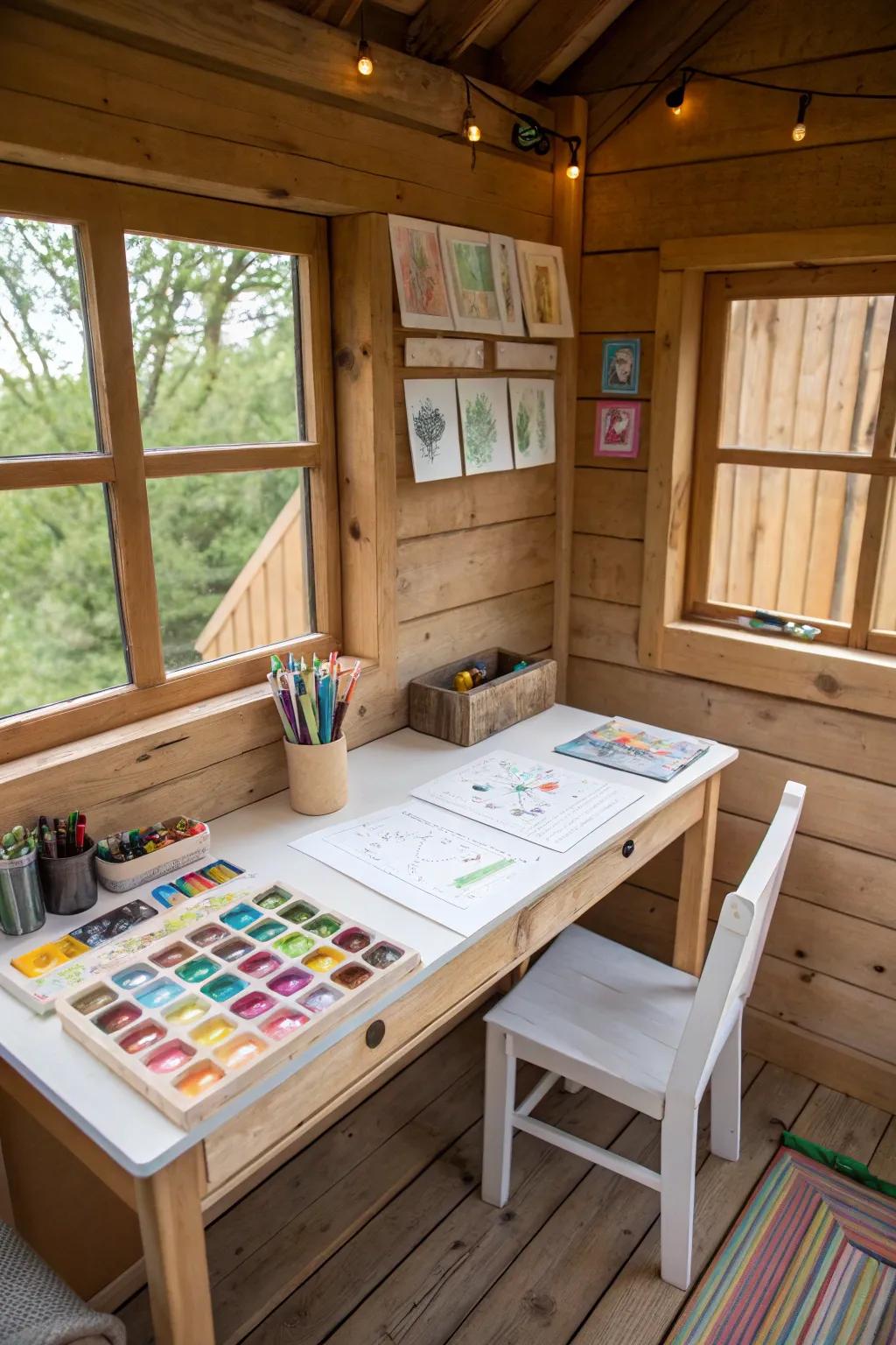 A crafting station in a treehouse, perfect for DIY projects and creative activities.