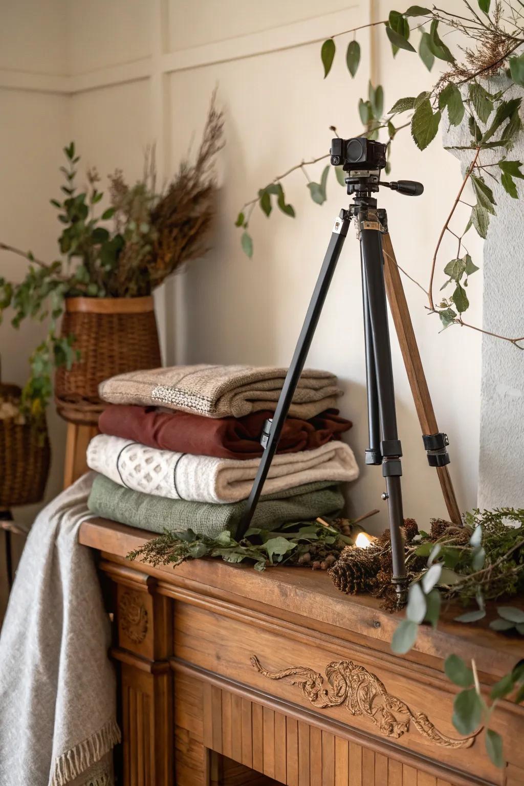 The layering of fabrics with three-legged stands delivers a rich visual sensation.