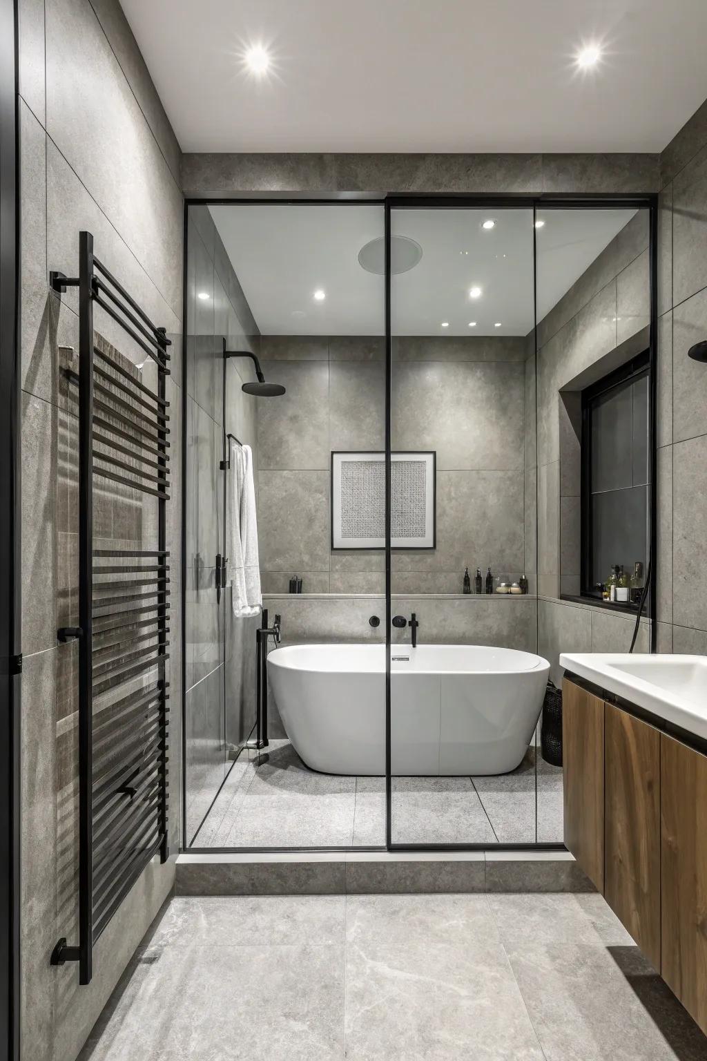A uniform palette brings refinement and harmony to the tub-in-shower design.