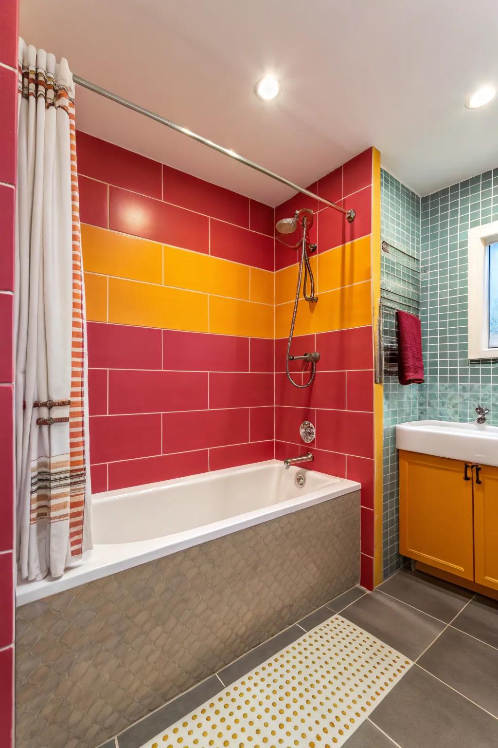 Striking shade divergences establish a dynamic style in this bathroom.