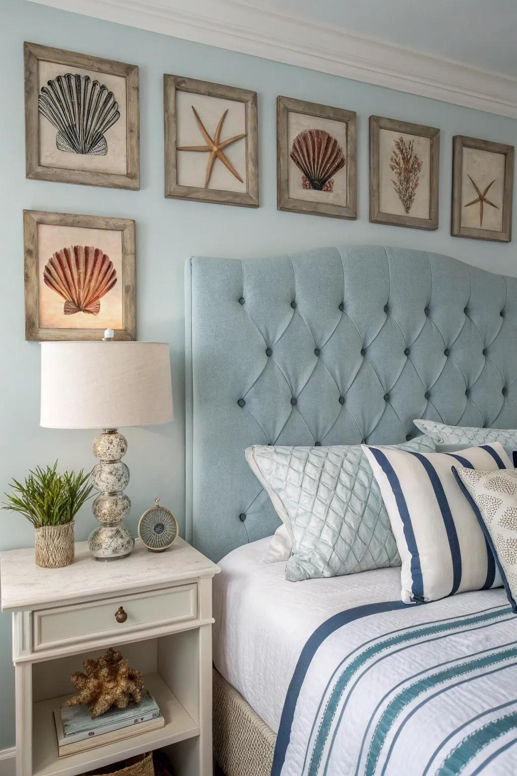 A coastal bedroom features a serene tufted headboard.