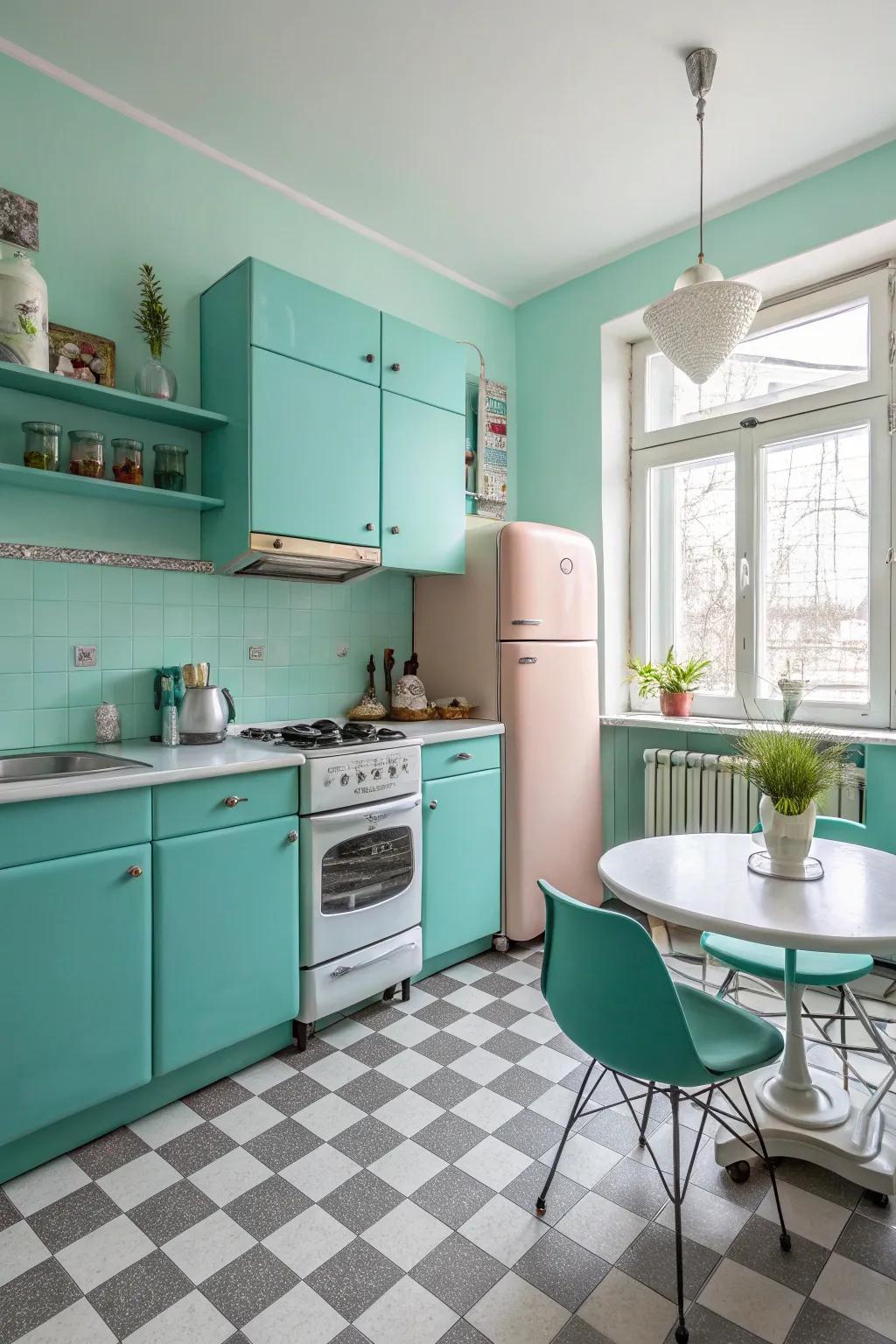 Yesteryear components infusing a retro charm into a robin's egg blue culinary space.