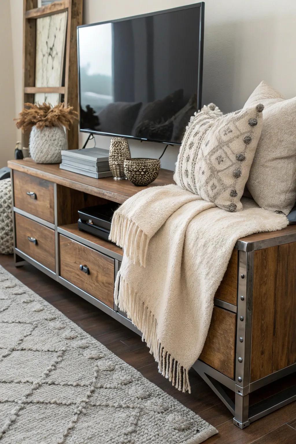 Textural depth created by mixing materials on a TV console.