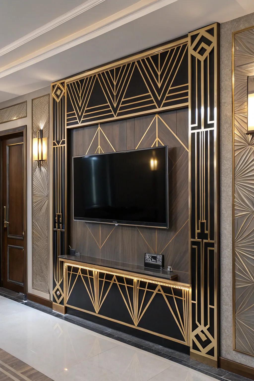 Inspired Art elements infuse this TV wall with glamour and elegance.