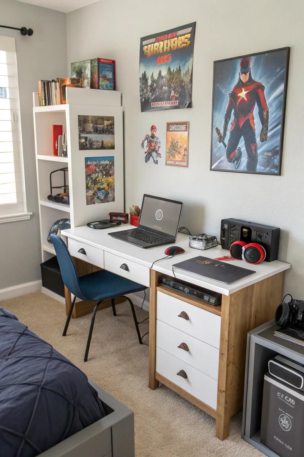 A tech-ready desk featuring built-in charging stations.