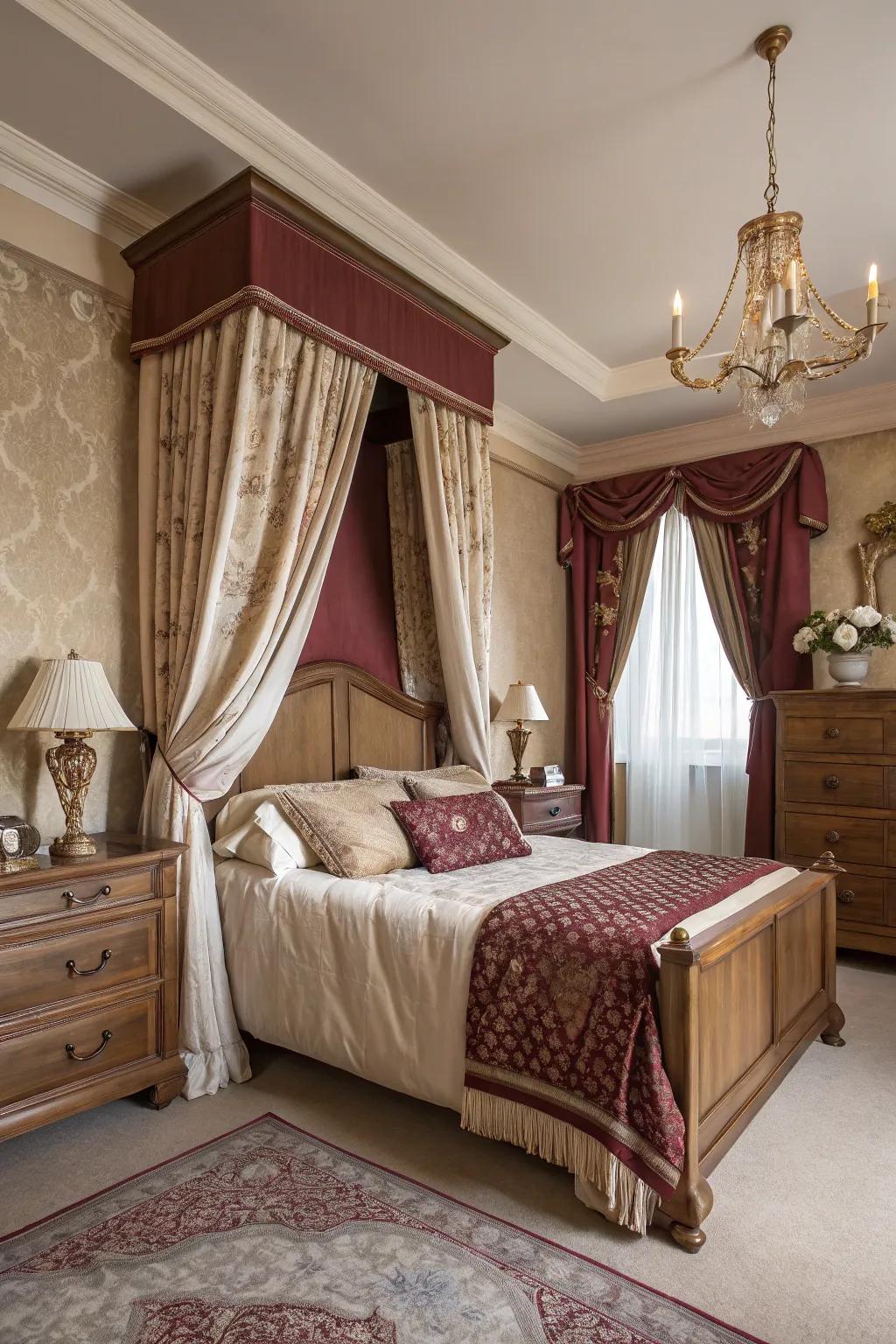 An elegant bedroom featuring beige and burgundy walls, radiating classic warmth.