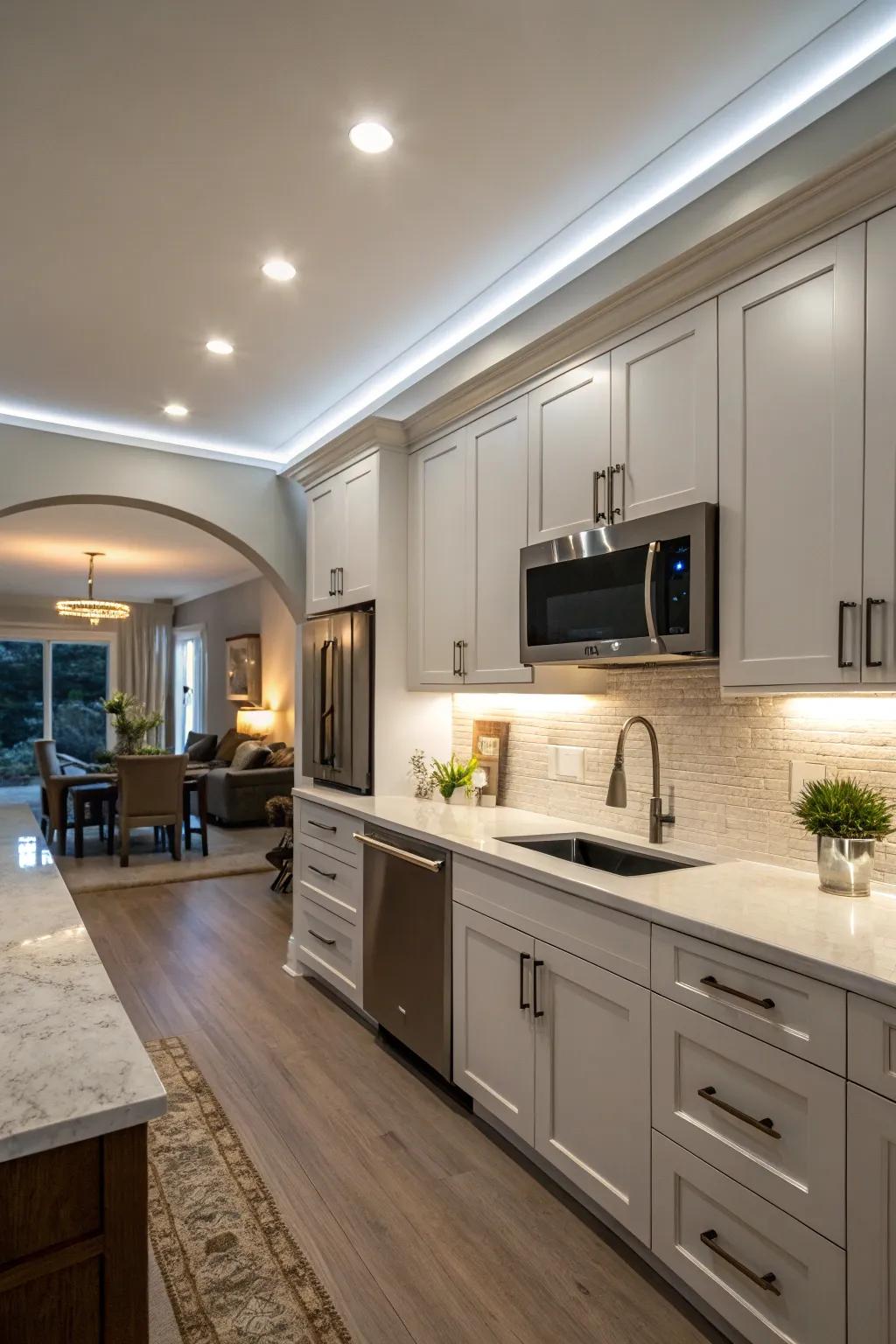 Smart-controlled lights bring innovative convenience to kitchen lighting.
