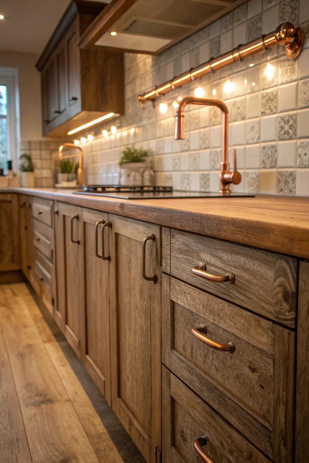 Warmth and shine with copper pipe handles.