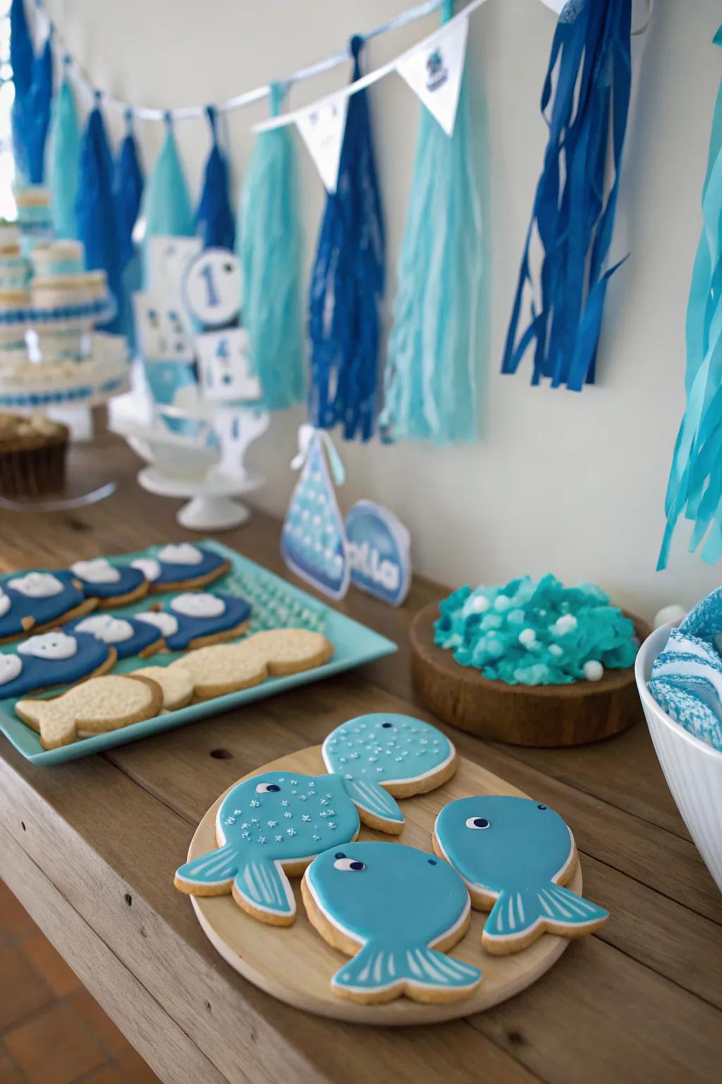 Set sail on a maritime adventure using spirited whale and ocean decorations.