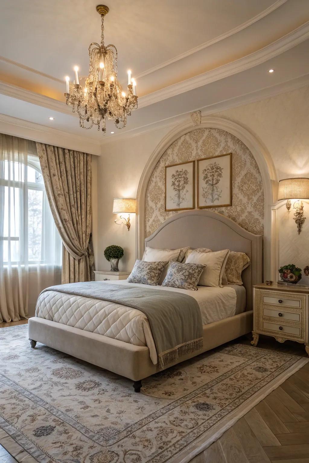 This upholstered bed is made more flowing and sophisticated by the arched lines.
