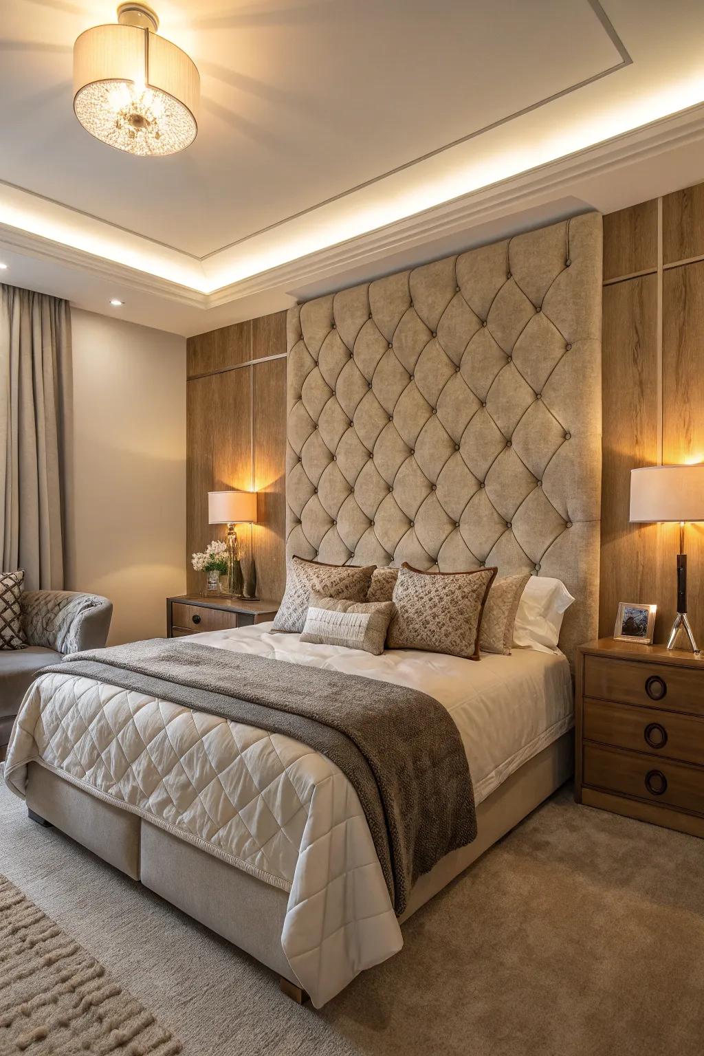 Padded wall panels add depth and a cozy feel.