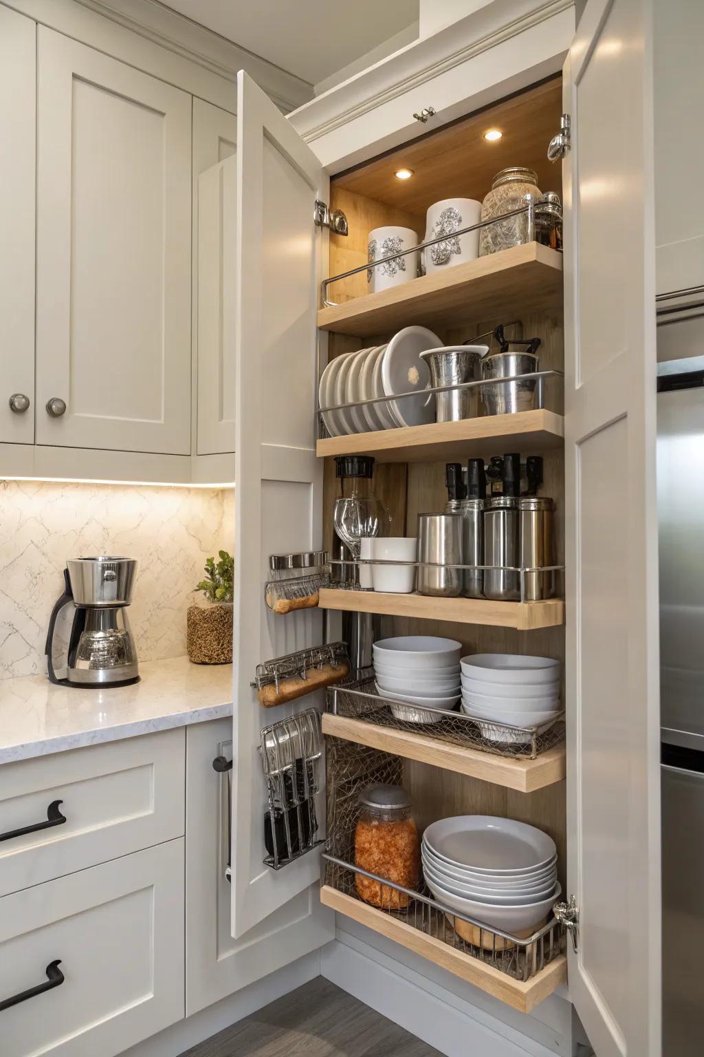 Drop-down shelving maximizes accessibility in corner cabinets.