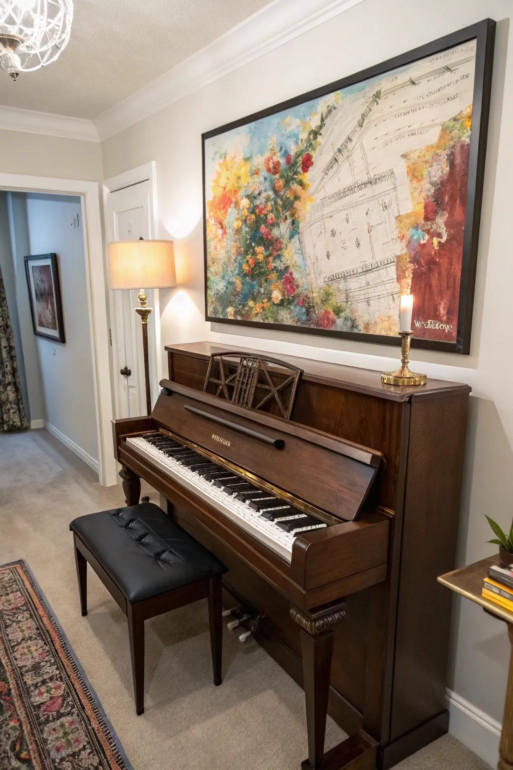 A striking room with an upright piano, framed by a large-scale wall art piece.