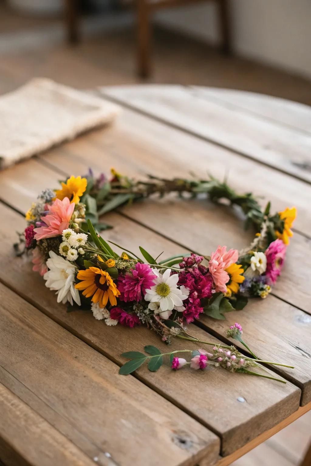 A handmade bloom circlet featuring vibrant blooms.