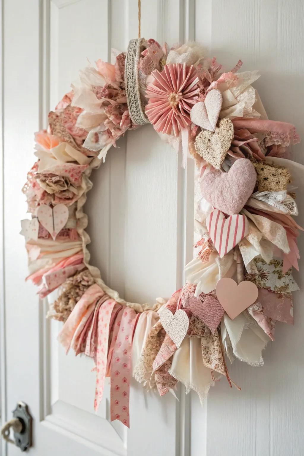 Embrace sustainable beauty with this charming scrap textile wreath, ideally suited for imparting an element of affection to any area.