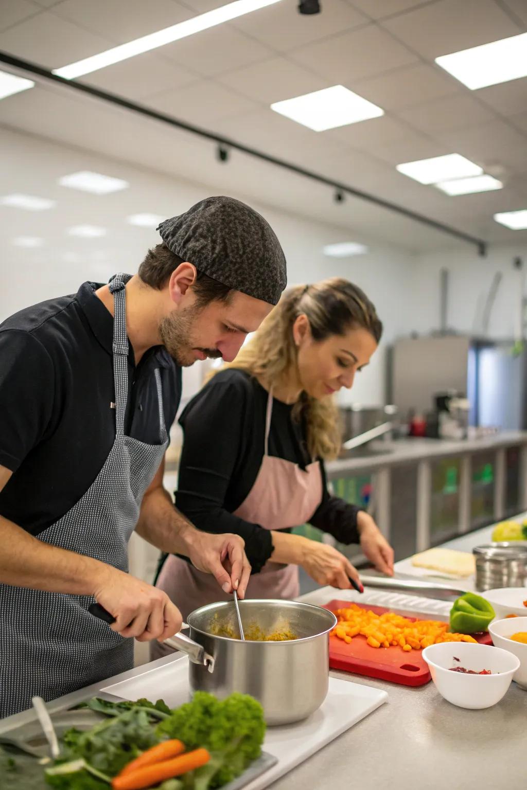 A culinary instruction session that fosters closer connections between couples