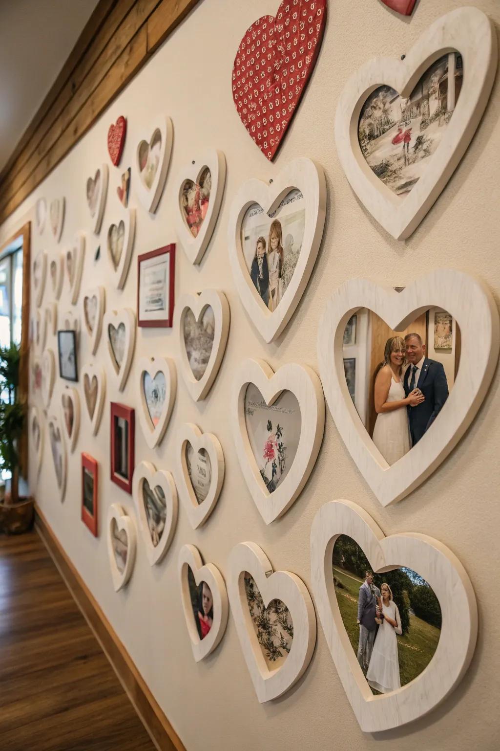 Celebrate your love story with a display of heart-shaped display frames.