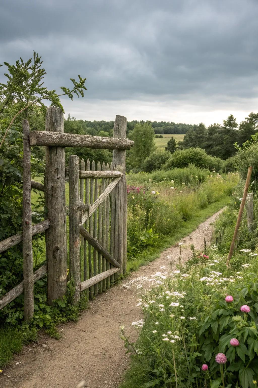 A rustic gate constructed from innate cut timber.