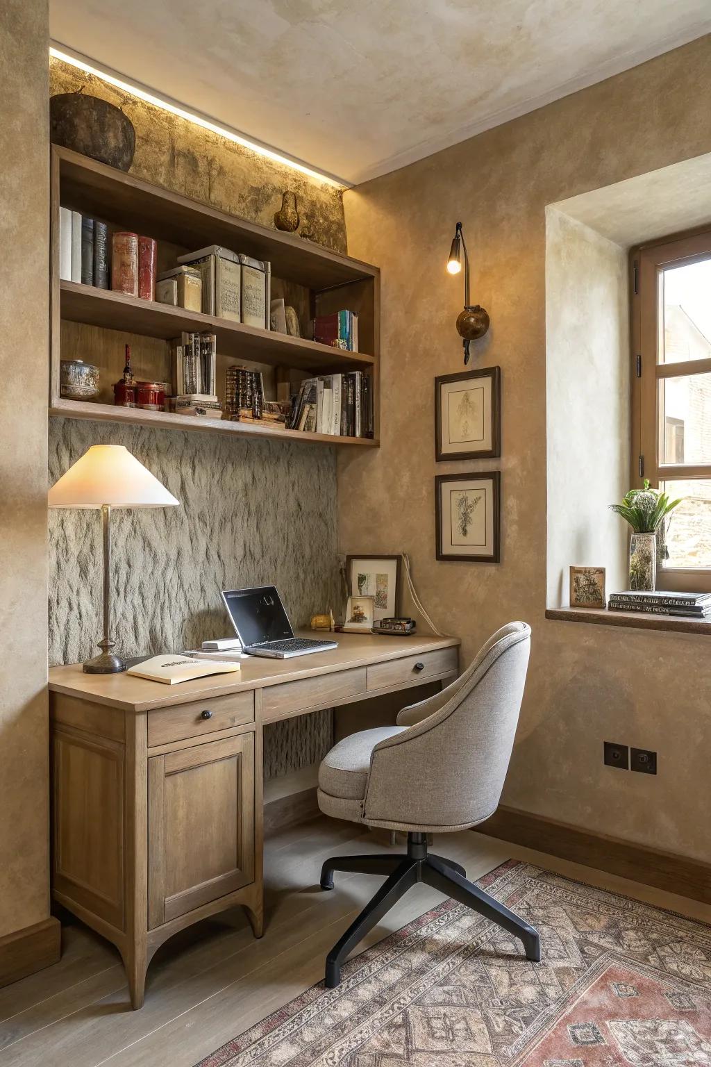 Get inspired using a stylish study space using Venetian plaster.