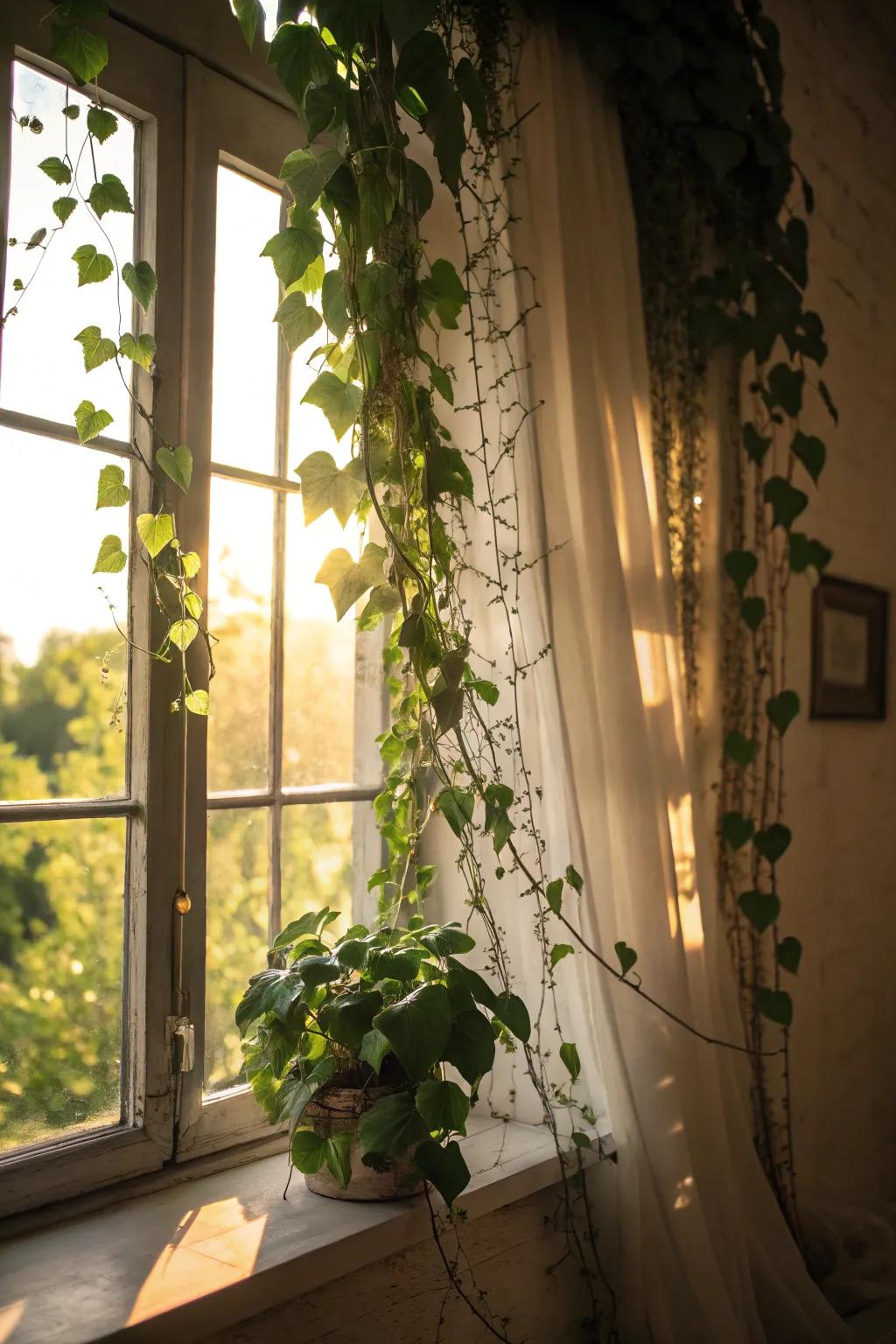 Modulate luminosity beautifully through trailing plant-adorned windows.