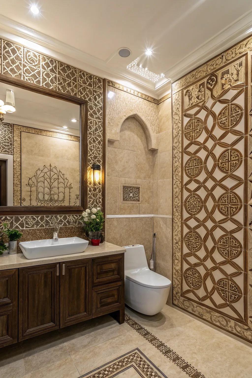 An accent wall becomes a stunning focal point in the bathroom.