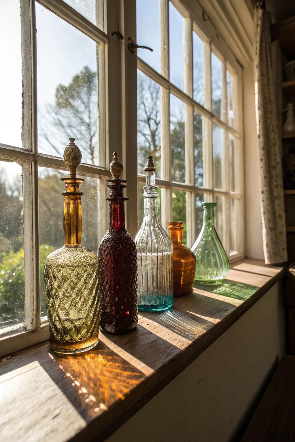 Decorative vintage bottles beautifully catch the light on a windowsill.
