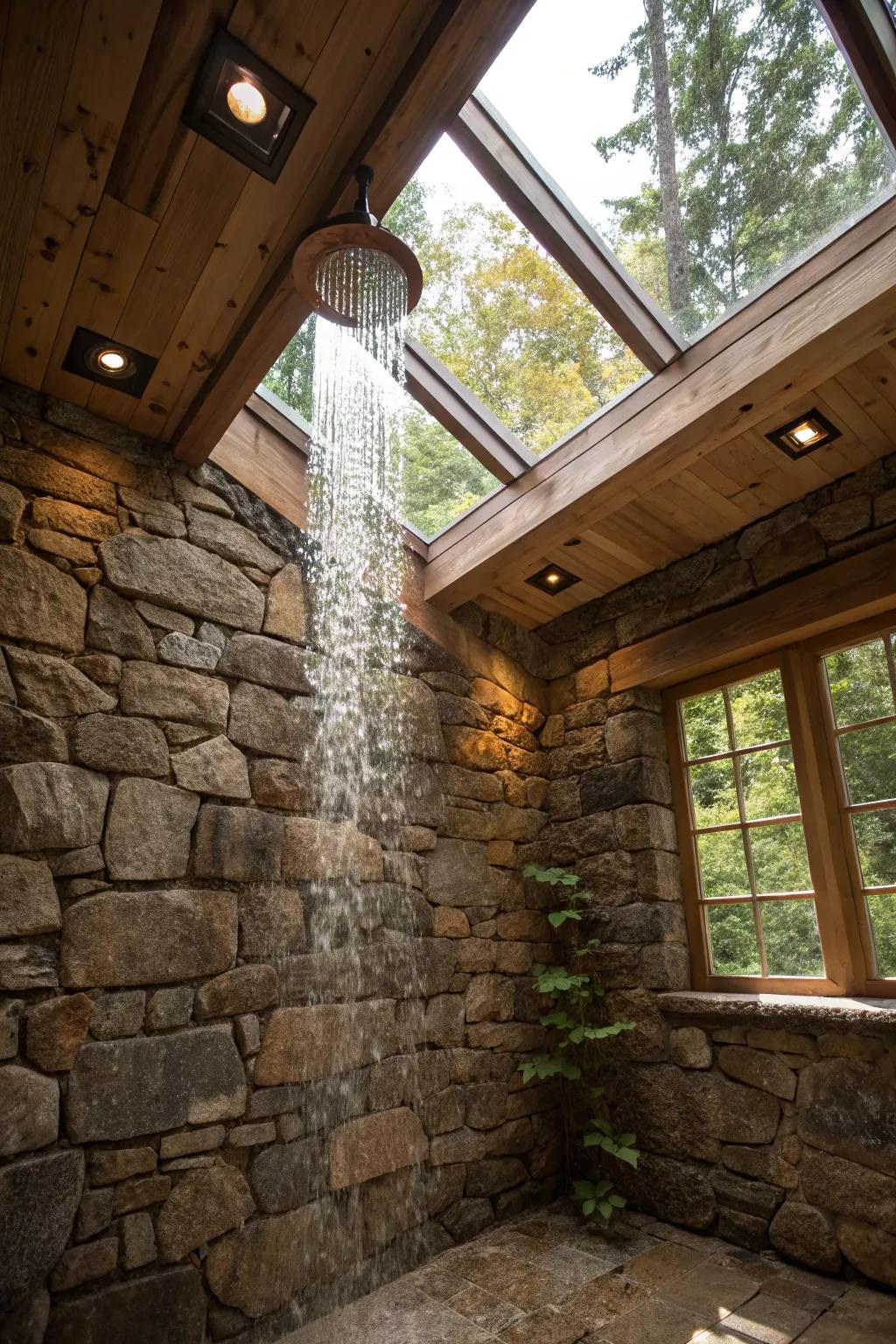 Shower with overhead lights and rock walls.