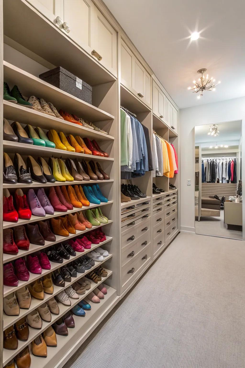 A dedicated shoe wall in the closet, presenting an organized collection of shoes.