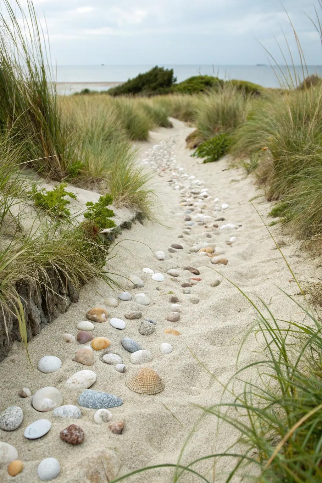 Covering and sand paths convey a coastal vibe to gardens.