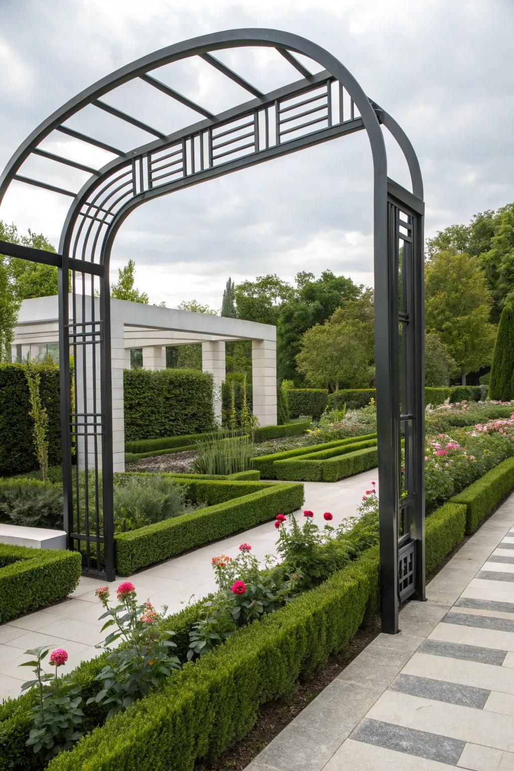 Geometric archways introduce an unexpected, eye-catching element to gardens.