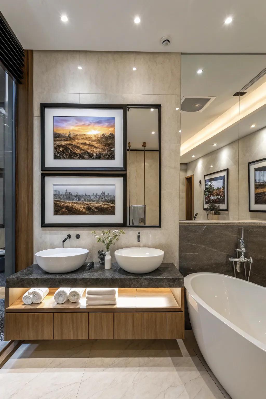 A surprising and elegant bathroom art display.