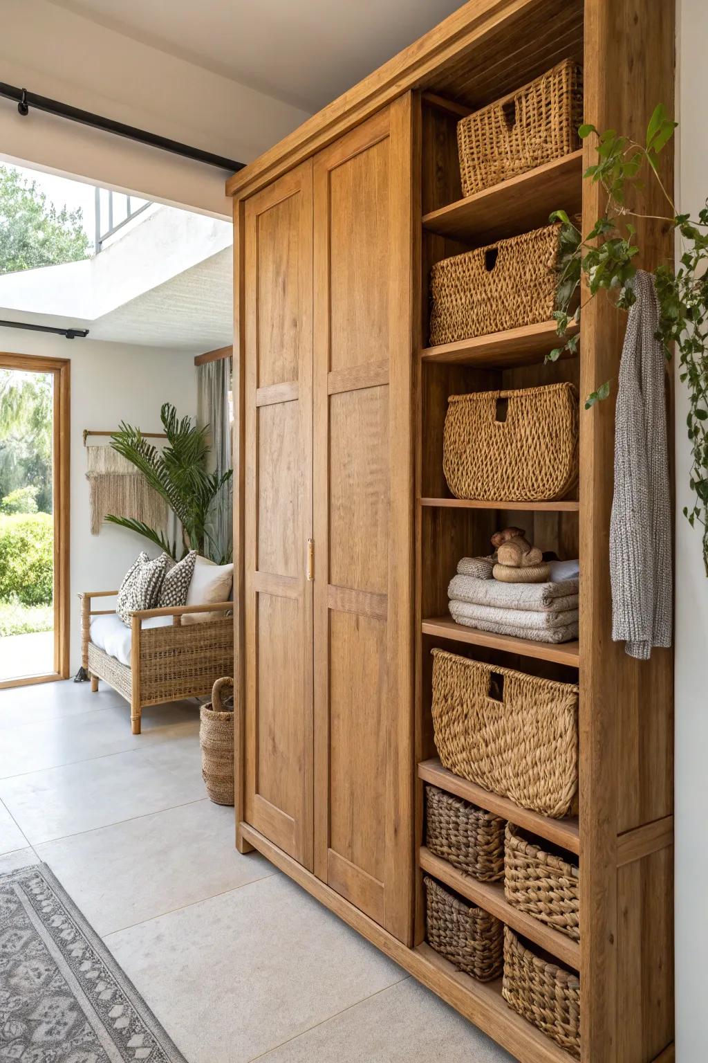 Eco-friendly materials add warmth and sustainability to wall closets.