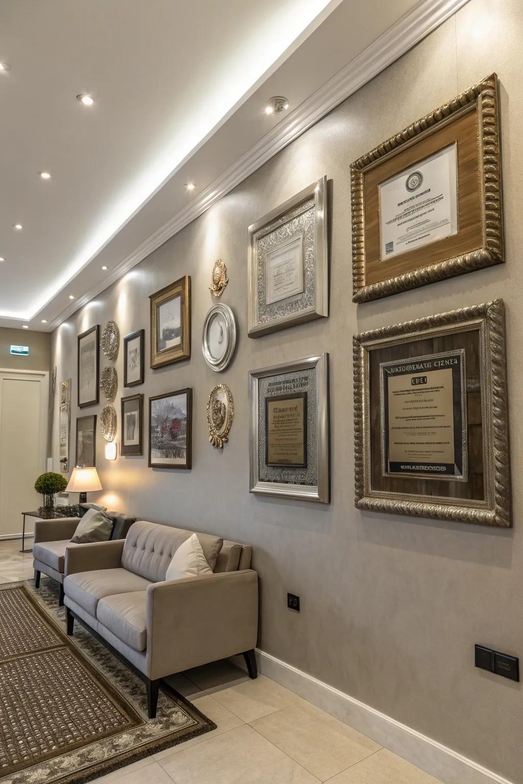 Glamorous metal accents adding shine to a wall of fame.