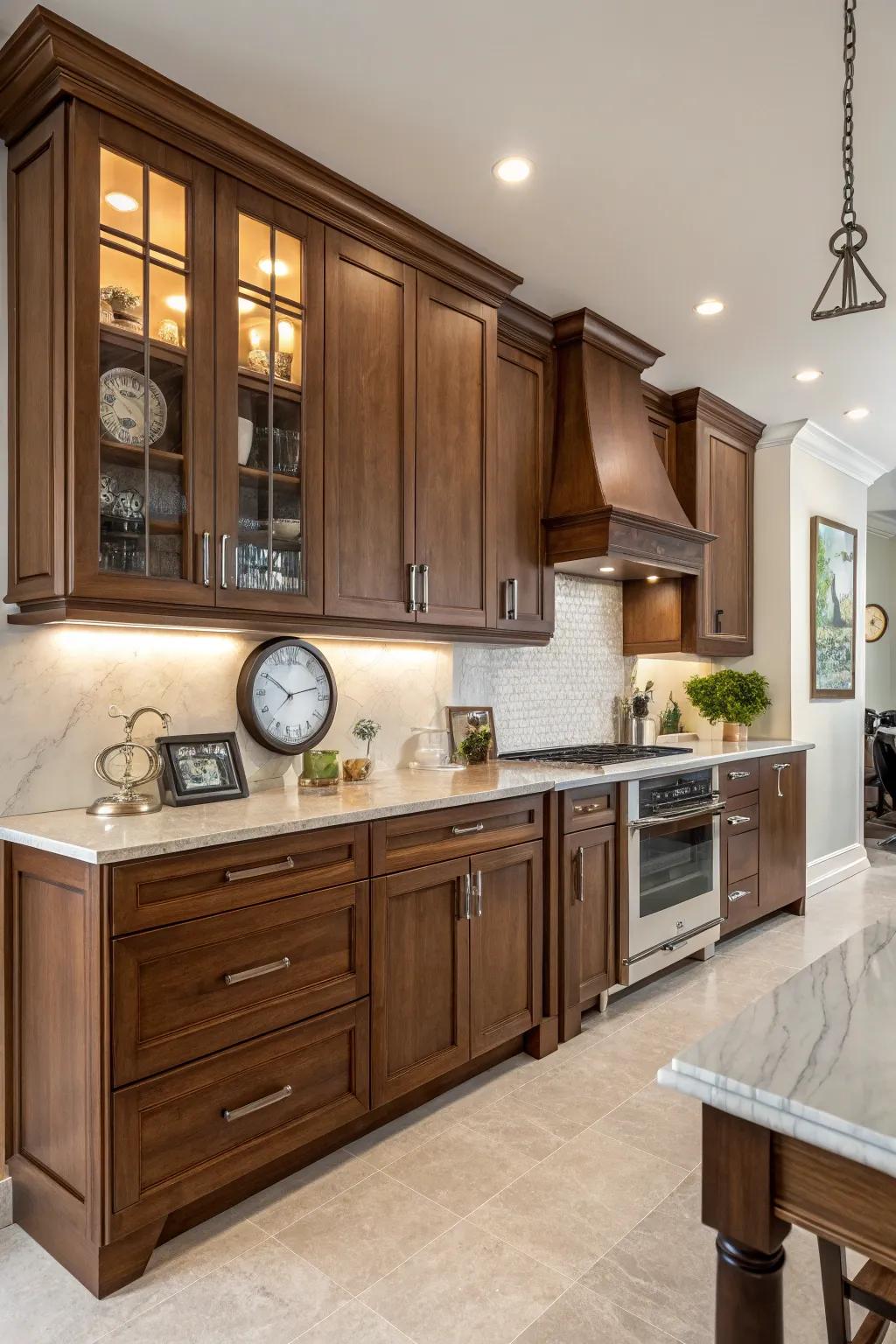 A blend of styles creates a unique walnut cooking area.