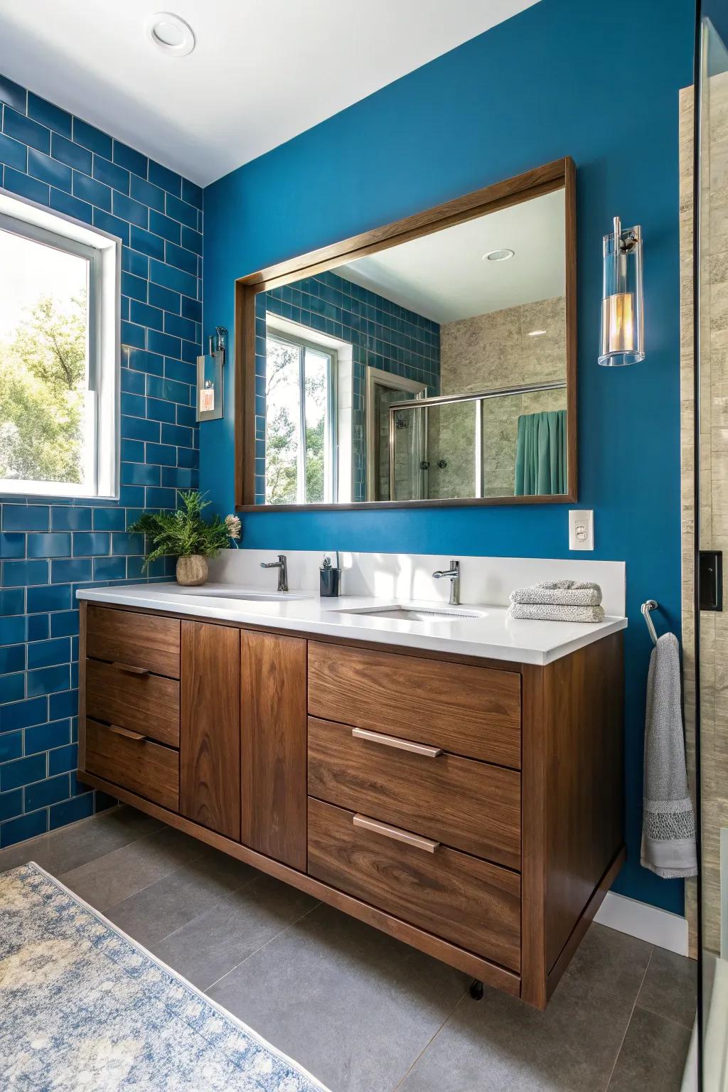 Create drama and style using daring wall colors that highlight the pecan vanity.