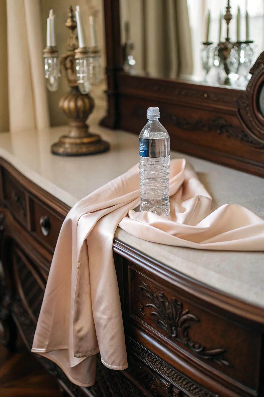 A drinking bottle draped in delicate fabric for an elegant touch.