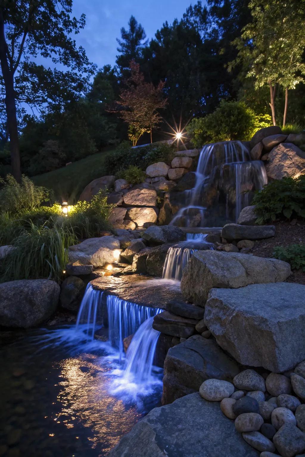 Integrated illumination transforms your waterfall into a nighttime display.