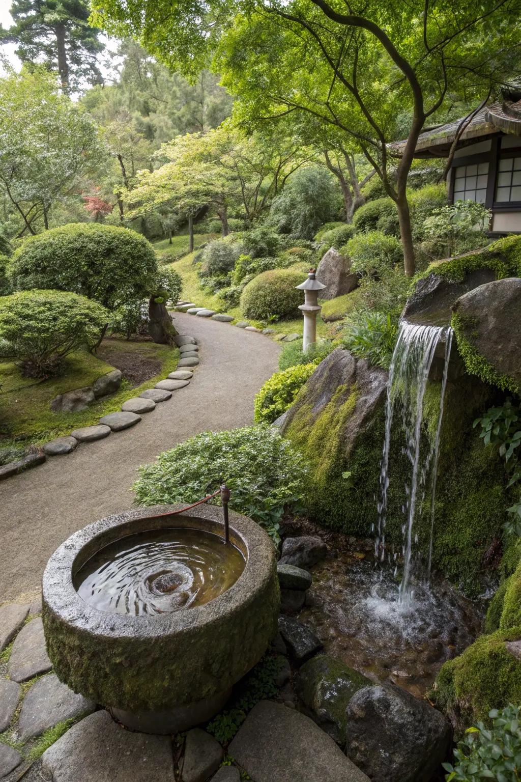 An elegant Japanese-inspired garden has a stone basin waterfall.
