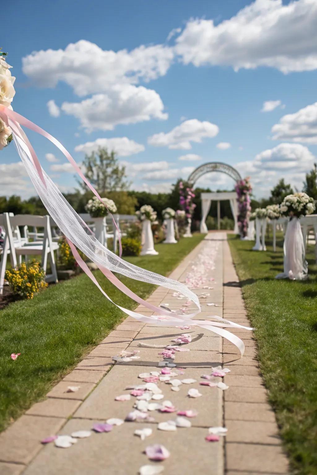 Flowing ribbons add a whimsical and colorful element to the aisle.