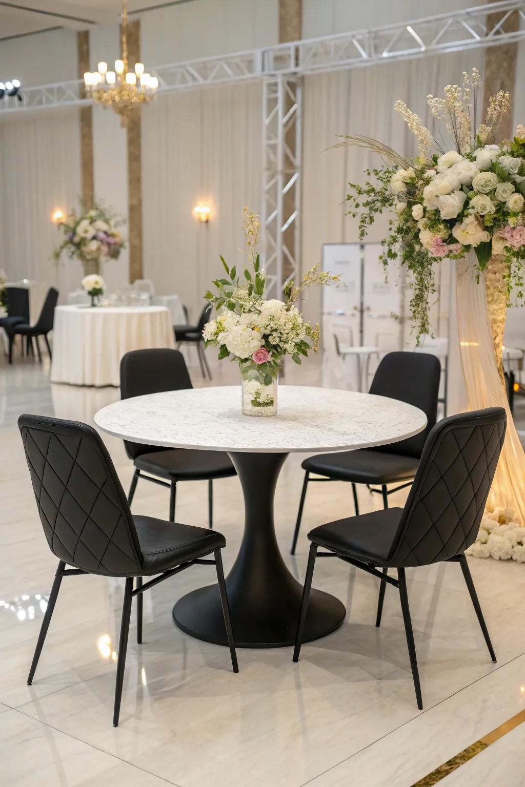 Modern simplicity with a bare table and polished design.