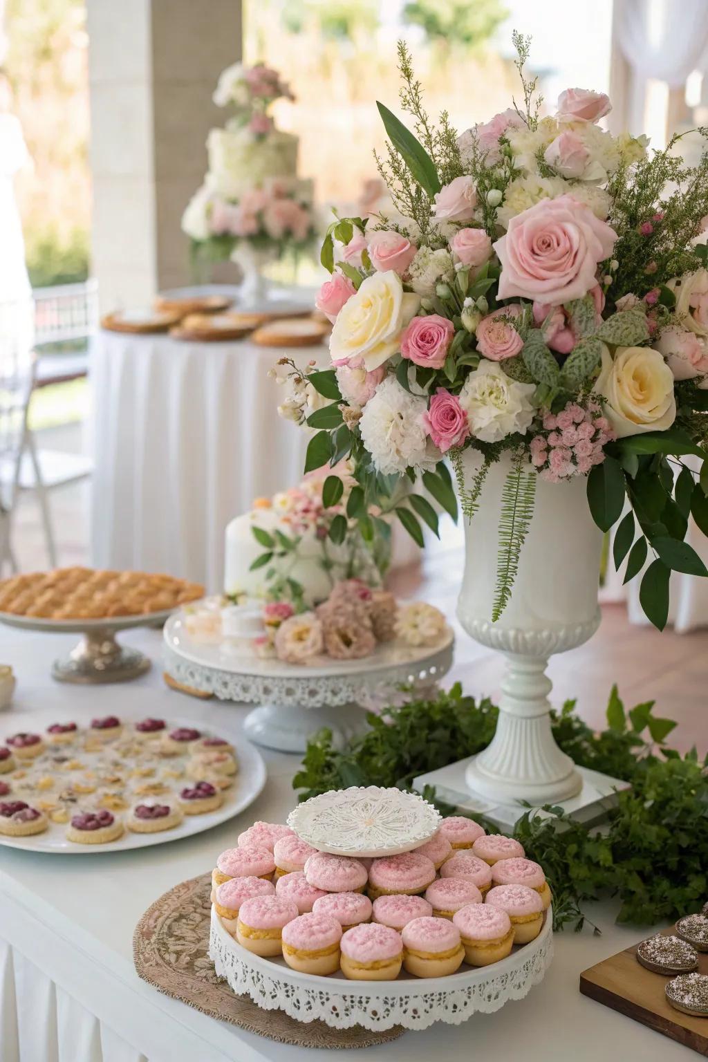 A central floral arrangement provides a focal point on a wedding cookie table.