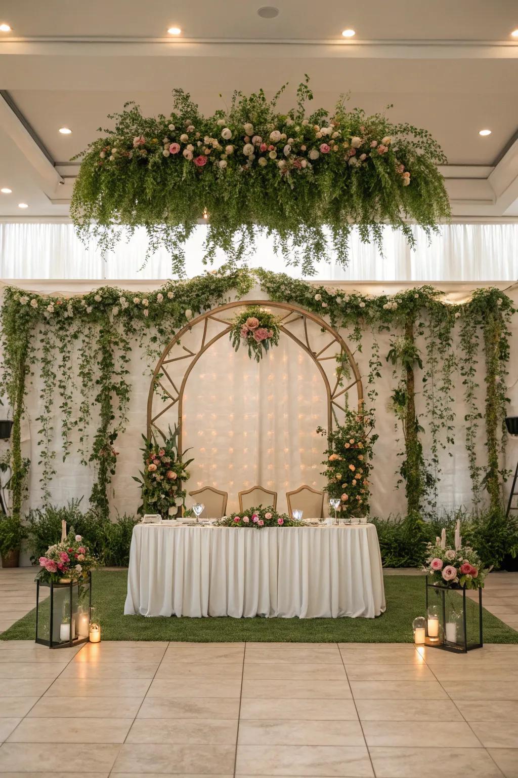 A nature-themed backdrop enhancing the head table.