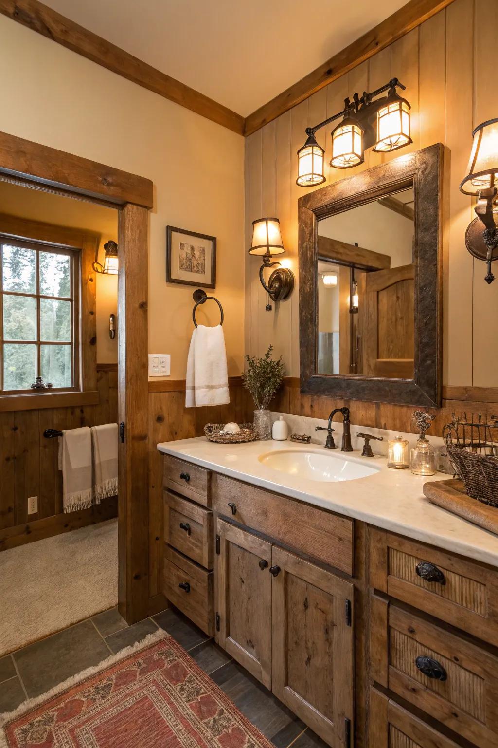 Farmhouse lamps enrich this Western bathroom with elegance.