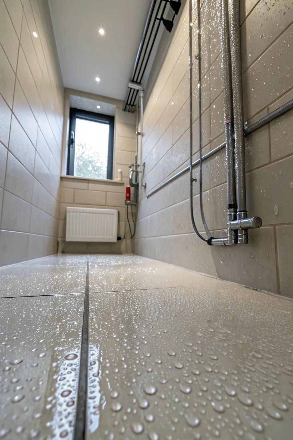 Concealed piping upholds the wet room’s streamlined design.